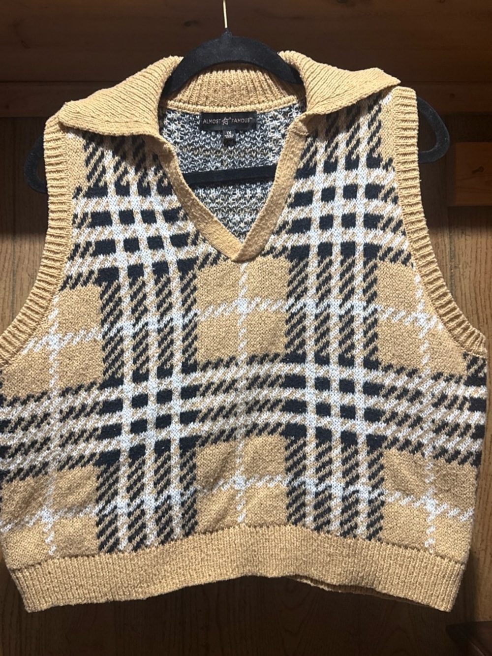 Almost Famous Men's Tan Plaid V-Neck Sweater Vest